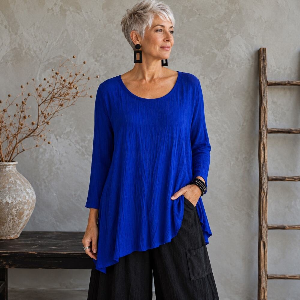 Chico's Blue Crinkle Knit Long Sleeve Scoop Neck Top 1